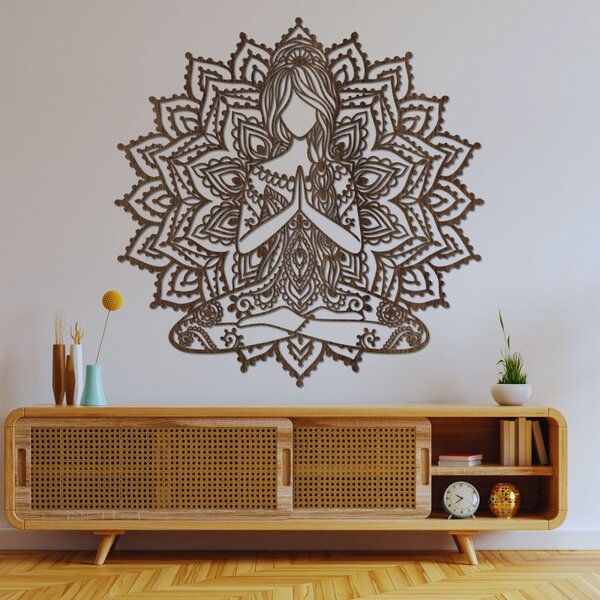 Drevená mandala joga žena – moderný 3D obraz na stenu do obývačk | SENTOP HDF0511
