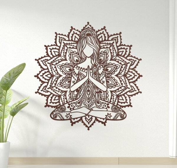 Drevená mandala joga žena – 3D obraz na stenu do obývačky | SENTOP PR0511