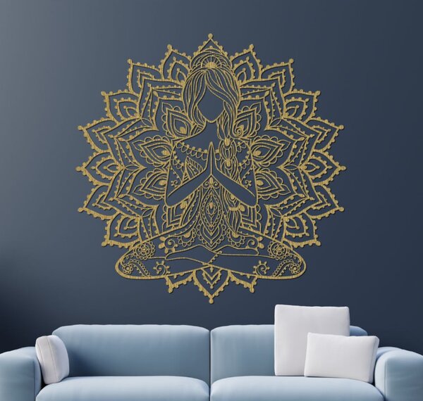 Drevená mandala joga žena – 3D obraz na stenu do obývačky | SENTOP PR0511