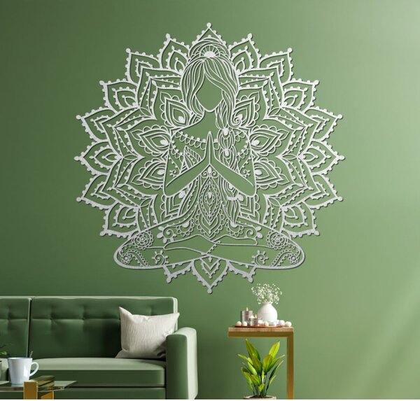 Drevená mandala joga žena – 3D obraz na stenu do obývačky | SENTOP PR0511