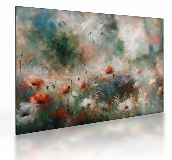 Sklenený obraz – Abstrakcia poľa s makmi (70x50 cm)