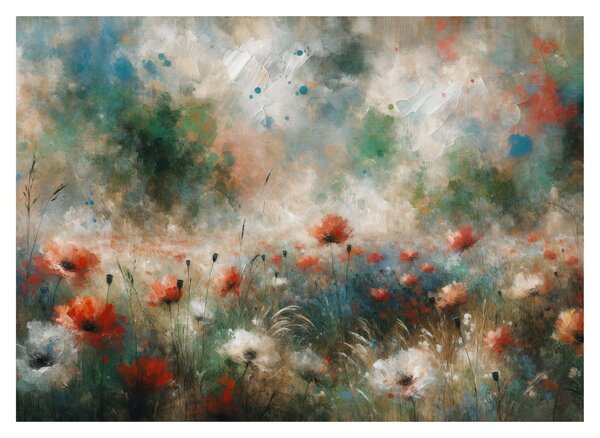 Sklenený obraz – Abstrakcia poľa s makmi (70x50 cm)