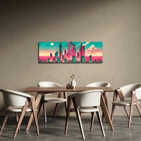 Obraz – Veľkomesto v pop-art štýle (s hodinami) (90x30 cm)