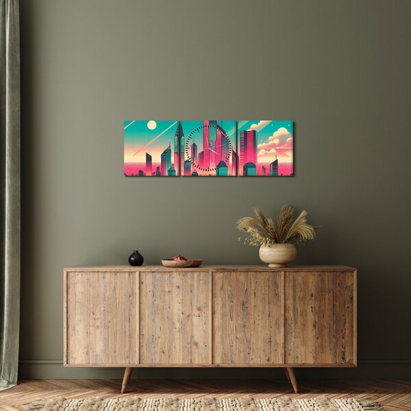 Obraz – Veľkomesto v pop-art štýle (s hodinami) (90x30 cm)