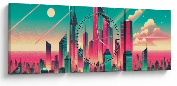 Obraz – Veľkomesto v pop-art štýle (s hodinami) (90x30 cm)