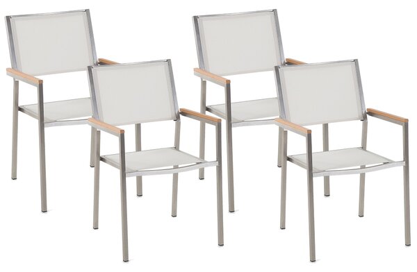 Sada 4 záhradných jedálenských stoličiek biele textilné sedadlo strieborné nohy z nehrdzavejúcej ocele stohovateľné stoličky odolné