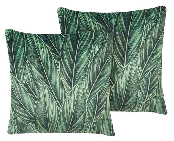 Sada 2 dekoratívnych vankúšov čierna a zelená zamatová so vzorom listov 45 x 45 cm odnímateľné poťahy so zipsom moderný boho štýl