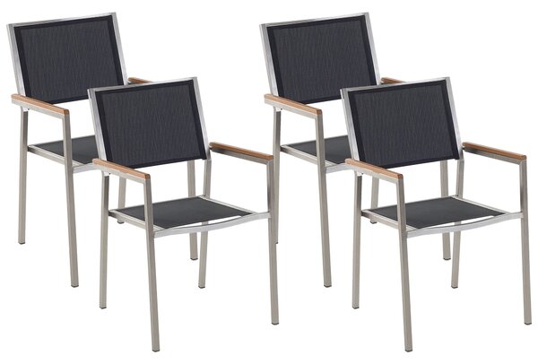 Sada 4 záhradných jedálenských stoličiek čierne textilné sedadlo strieborné nohy z nehrdzavejúcej ocele stohovateľné stoličky odolné
