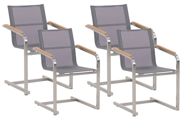 Sada 4 záhradných stoličiek sivé textilné sedadlo a operadlo rám z nehrdzavejúcej ocele konzolový tvar