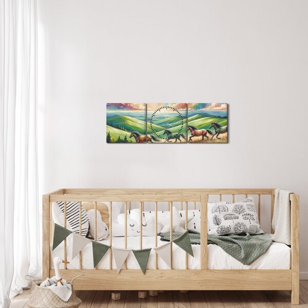 Obraz – Kone cválajúce krajinou (s hodinami) (90x30 cm)