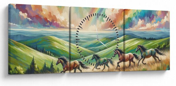 Obraz – Kone cválajúce krajinou (s hodinami) (90x30 cm)