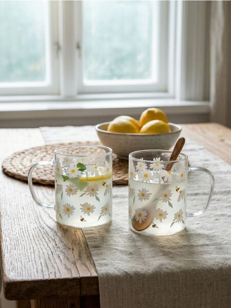 Sinsay - Sklenené hrnčeky s motívom sedmokrások 2 pack - biela