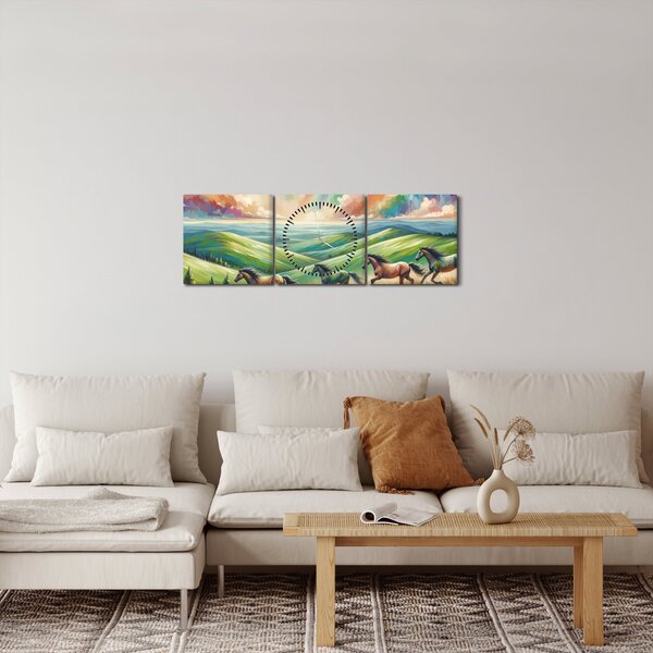 Obraz – Kone cválajúce krajinou (s hodinami) (90x30 cm)