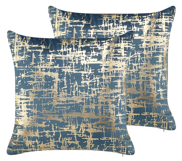 Sada 2 dekoratívnych vankúšov modré zamatové vankúše 45 x 45 cm popraskaný efekt zlatá fóliová potlač