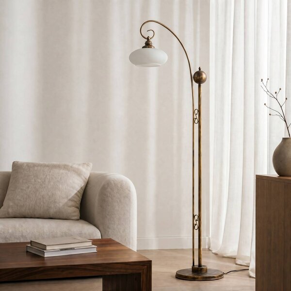 Jupiter Stojacia lampa Bolero, čierno-zlatá, krémová, oceľ, sklo, E27, Krémová / jantárovo žltá, Obývacia izba / jedáleň, kov, Starožitný, Stojaca lampa