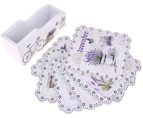 Podložky pod poháre Lavender s čipkou 6ks (podložky pod poháre v provensálskom štýle so stojanom, 6 podložiek v balení)
