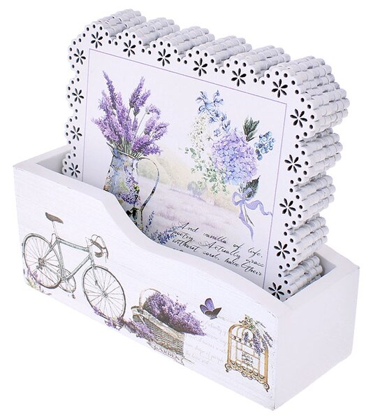 Podložky pod poháre Lavender s čipkou 6ks (podložky pod poháre v provensálskom štýle so stojanom, 6 podložiek v balení)