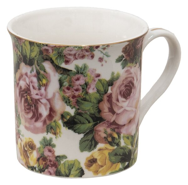 Porcelánový hrnček s kvetmi a zlatou linkou Pink Flowers - 12*8*9 cm / 330 ml - Clayre & Eef