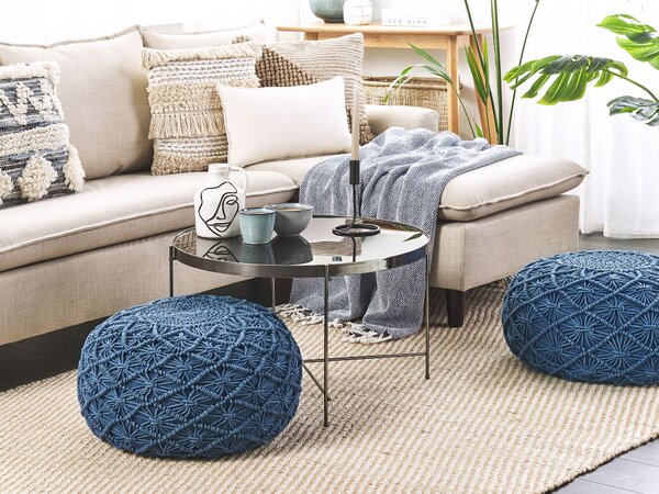 Taburetka tmavomodrá bavlnená 50 x 30 cm vzor makramé okrúhla poduška na sedenie boho dizajn
