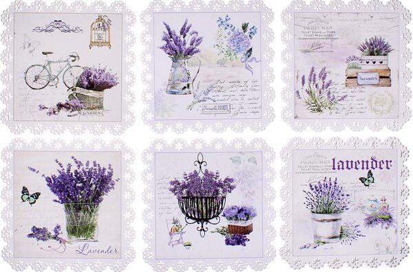 Podložky pod poháre Lavender s čipkou 6ks (podložky pod poháre v provensálskom štýle so stojanom, 6 podložiek v balení)