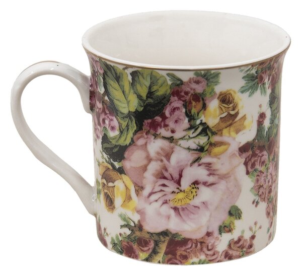 Porcelánový hrnček s kvetmi a zlatou linkou Pink Flowers - 12*8*9 cm / 330 ml - Clayre & Eef