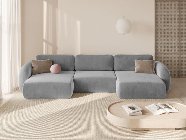 MUZZA Päťmiestna rozkladacia pohovka s úložným priestorom do tvaru U NALET 362 cm velvet svetlosivá