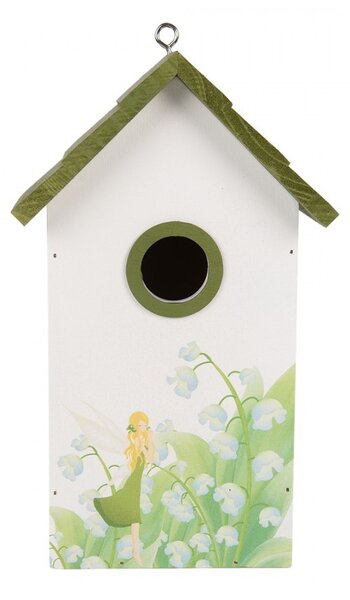 Zeleno-biela drevená vtáčia búdka s konvalinkami Birdhouse - 15*10*22 cm - Clayre & Eef