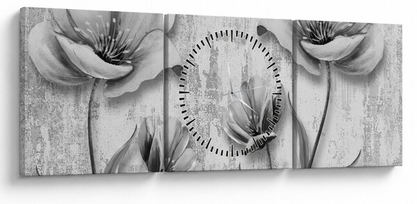 Obraz - Čiernobiele kvety na pozadí (s hodinami) (90x30 cm)