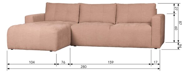 MUZZA Rohová štvormiestna pohovka rab 280 cm ľavá ružová