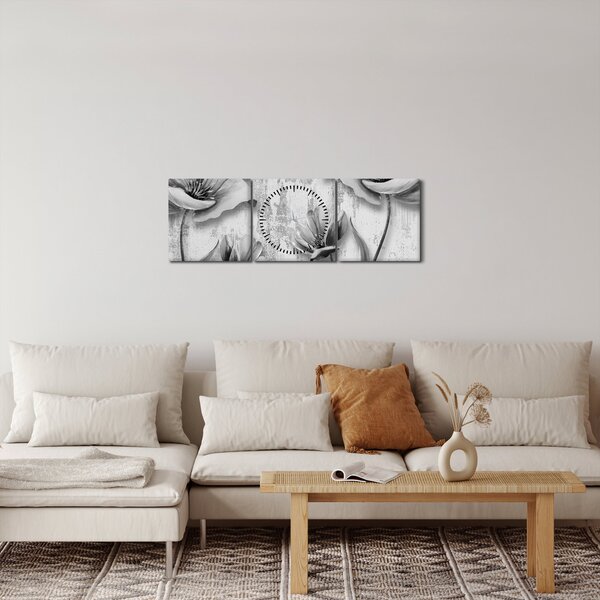 Obraz - Čiernobiele kvety na pozadí (s hodinami) (90x30 cm)