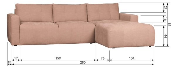 MUZZA Rohová štvormiestna pohovka rab 280 cm pravá ružová
