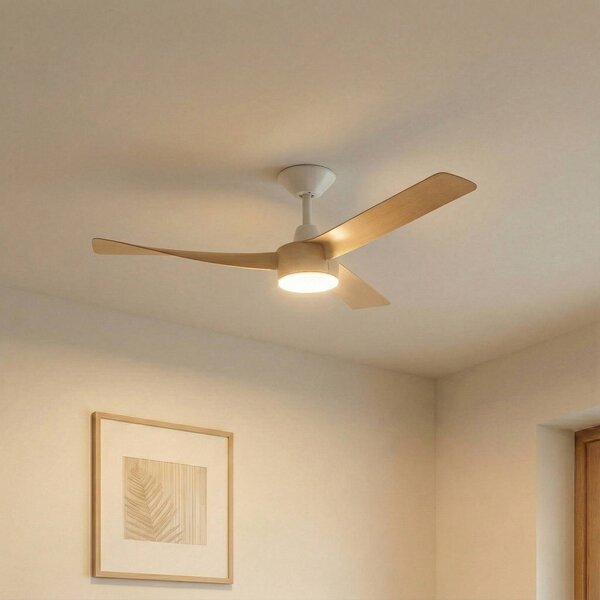 Lucande Stropný ventilátor Airona s LED osvetlením, biela/drevo, DC, tichý,, Svetlé drevo, Obývacia izba / jedáleň, Plast, Moderný
