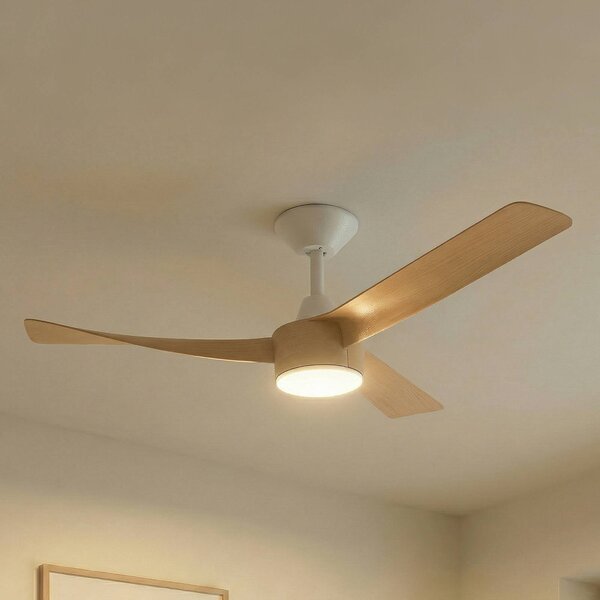 Lucande Stropný ventilátor Airona s LED osvetlením, biela/drevo, DC, tichý,, Svetlé drevo, Obývacia izba / jedáleň, Plast, Moderný