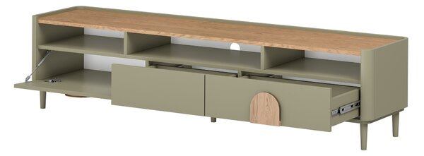 TV skrinka Amilio 200 cm na nožičkách - eukalyptus / dub baltic dune / úchytky dub prírodný