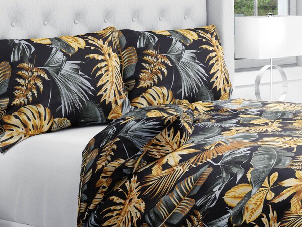 Biante Bavlnené posteľné obliečky Sandra SA-389 Sivozelené a zlaté tropické listy na čiernom Predĺžené 140x220 a 70x90 cm