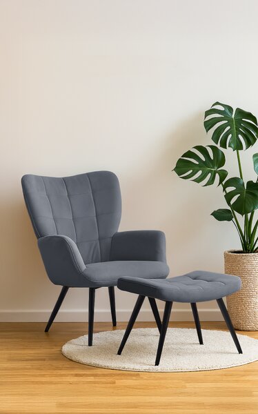 KONDELA Kreslo s podnožou, sivá Velvet látka/čierna, HABEN