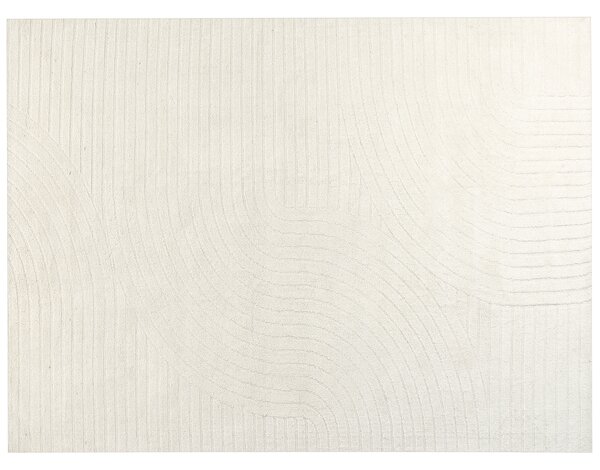Koberec béžový vlnený 300 x 400 cm s abstraktným vzorom obývacia izba spálňa moderný minimalistický dizajn