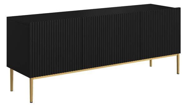 TV stolík Nicole 150 cm na kovových nohách so zásuvkou - čierny mat / zlaté nohy