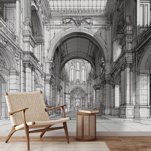 Tapeta historická architektúra v čiernobielej kresbe