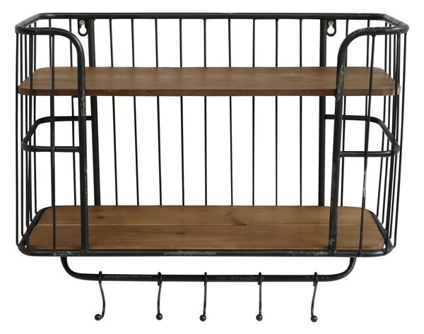 Čierna antik nástenná kovová polička s drevenými poličkami a háčikmi Old Shelf - 52*20*45cm - Chic Antique