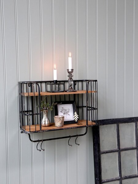 Čierna antik nástenná kovová polička s drevenými poličkami a háčikmi Old Shelf - 52*20*45cm - Chic Antique