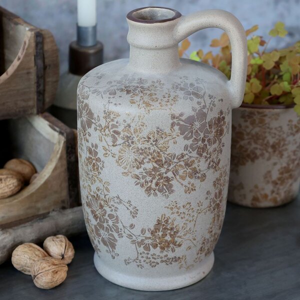Béžová antik keramická váza s uškom a kvetmi Melun - Ø 13*25 cm - Chic Antique