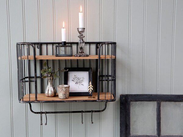 Čierna antik nástenná kovová polička s drevenými poličkami a háčikmi Old Shelf - 52*20*45cm - Chic Antique