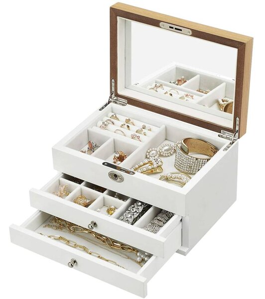 VASAGLE Šperkovnica s dreveným vekom biela