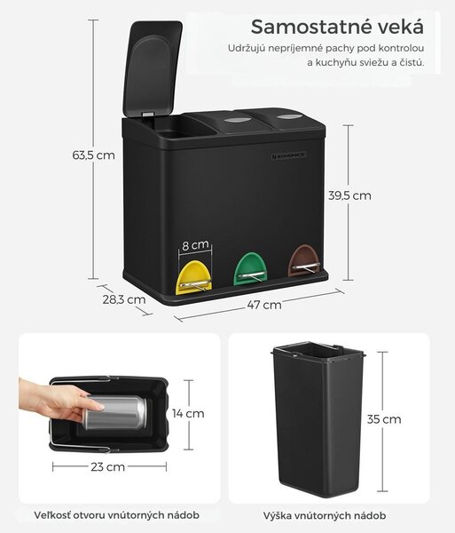 Kôš na separovanie odpadu SORT 24l (3x8l), čierna SongmicsHome