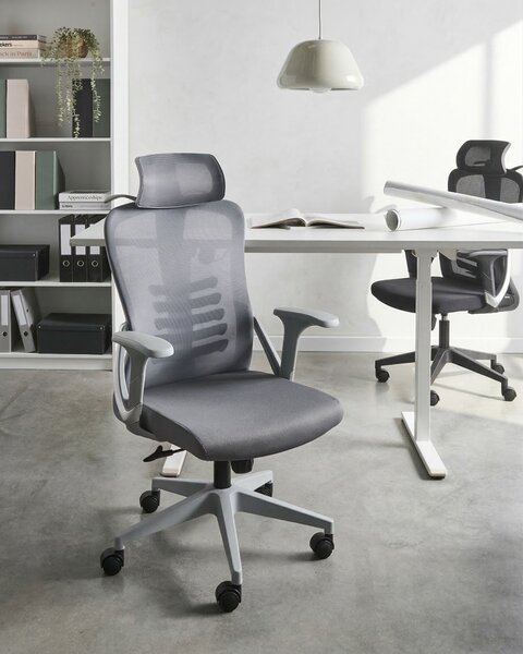 Kancelárska stolička sivá sieťovinové naklápacie operadlo nastaviteľná výška podrúčky moderné ergonomické kancelárske kreslo