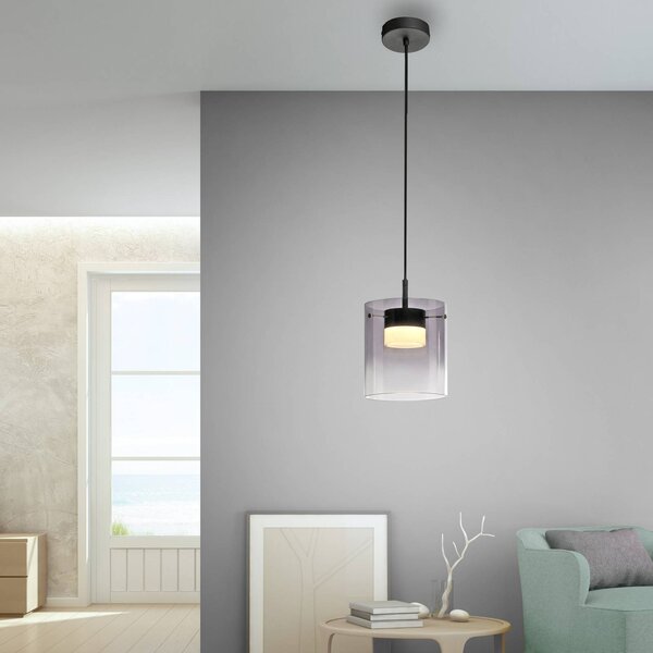 JUST LIGHT. LED závesné svietidlo Elio, dymové sklo, 1-pl., čierne, Hliník / sivá / zinok, Obývacia izba / jedáleň, Sklo, Moderný, Závesné svietidlo