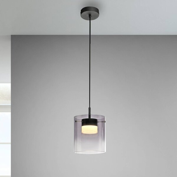 JUST LIGHT. LED závesné svietidlo Elio, dymové sklo, 1-pl., čierne, Hliník / sivá / zinok, Obývacia izba / jedáleň, Sklo, Moderný, Závesné svietidlo