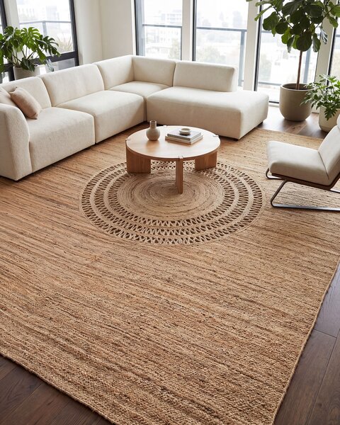 Koberec béžový jutový 300 x 400 cm pletený ručne vyrobený s vyrezávaným vzorom prírodný boho štýl textil