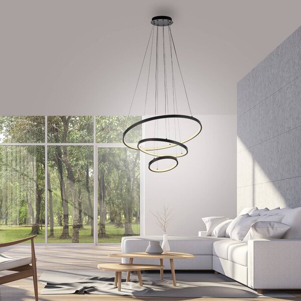 JUST LIGHT. GmbH LED závesné svietidlo Cerchi, čierne, 3 000 K, Čierna, Obývacia izba / jedáleň, kov, Moderný, Závesné svietidlo